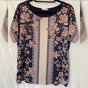 Westport Floral Blouse - Navy and Beige
